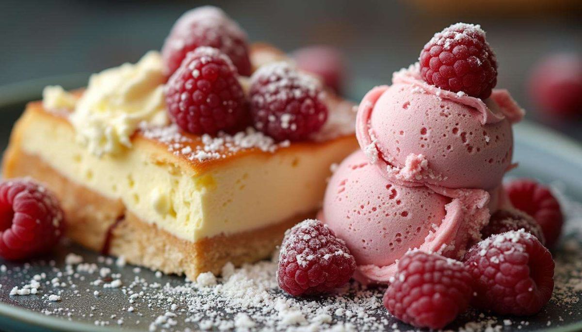 Un dessert exquis : glace au fromage frais et financiers aux framboises