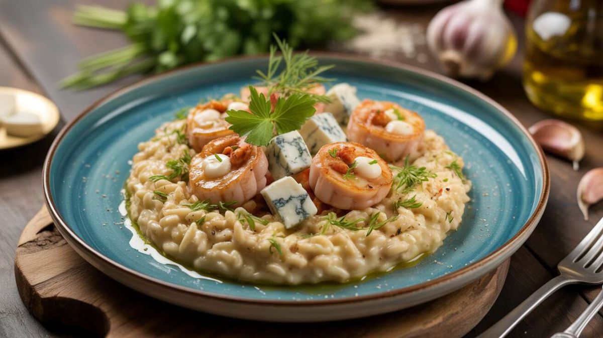 Un risotto délicat alliant Saint-Jacques et gambas au fromage bleu