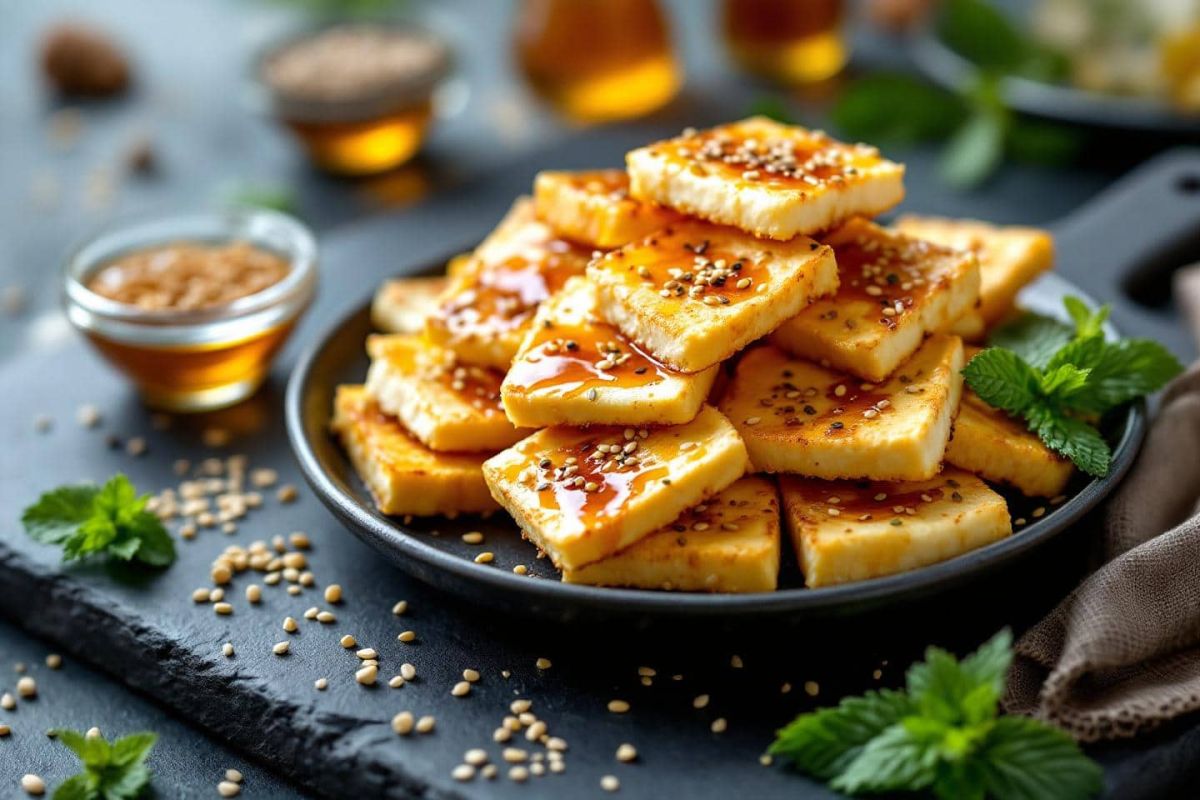 Un apéritif audacieux : halloumi croustillant au sésame et miel