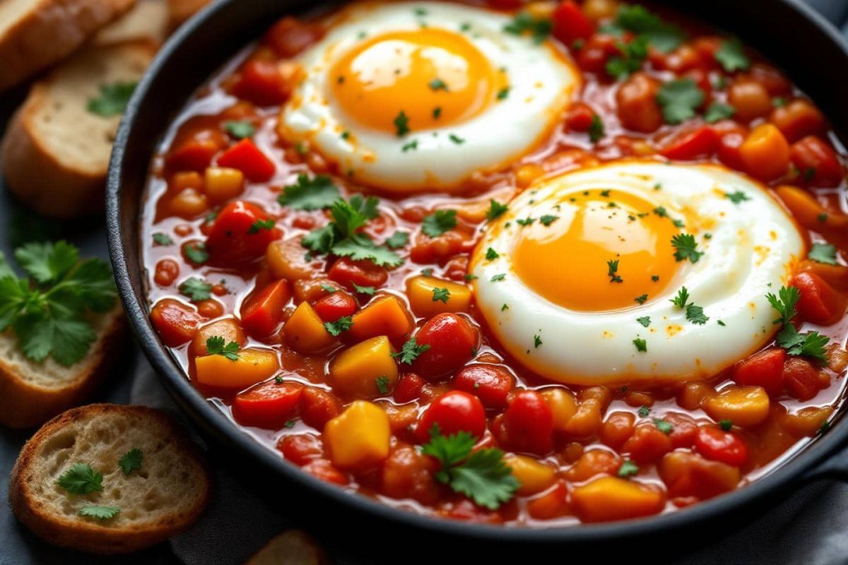 Savourez une shakshuka express, un délice de tomates et d'œufs qui enchantera vos papilles