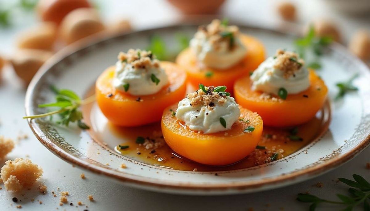 Abricots farcis au chutney d’échalotes et au fromage frais au bleu