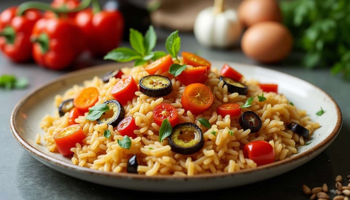 La magie du riz méditerranéen aux poivrons et aubergines