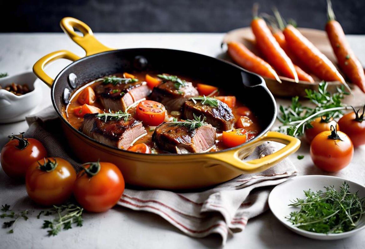 Une recette réconfortante : joues de porc aux tomates et thym en cocotte
