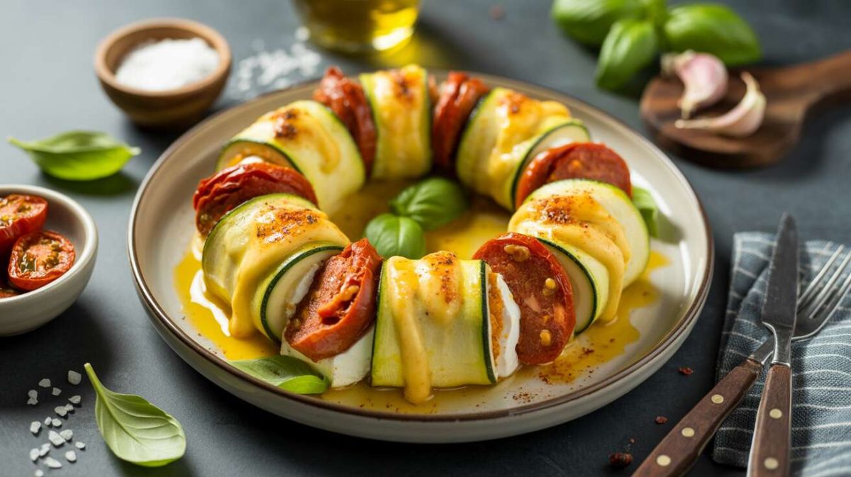 Savourez des enroulés de courgette jaune au fromage frais, chorizo et tomate